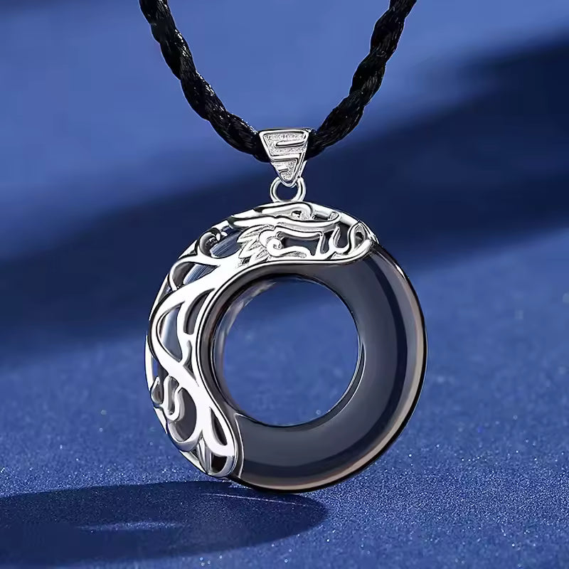 Runder Anhängerdrache in Obsidian und reinem Silber 999/1000