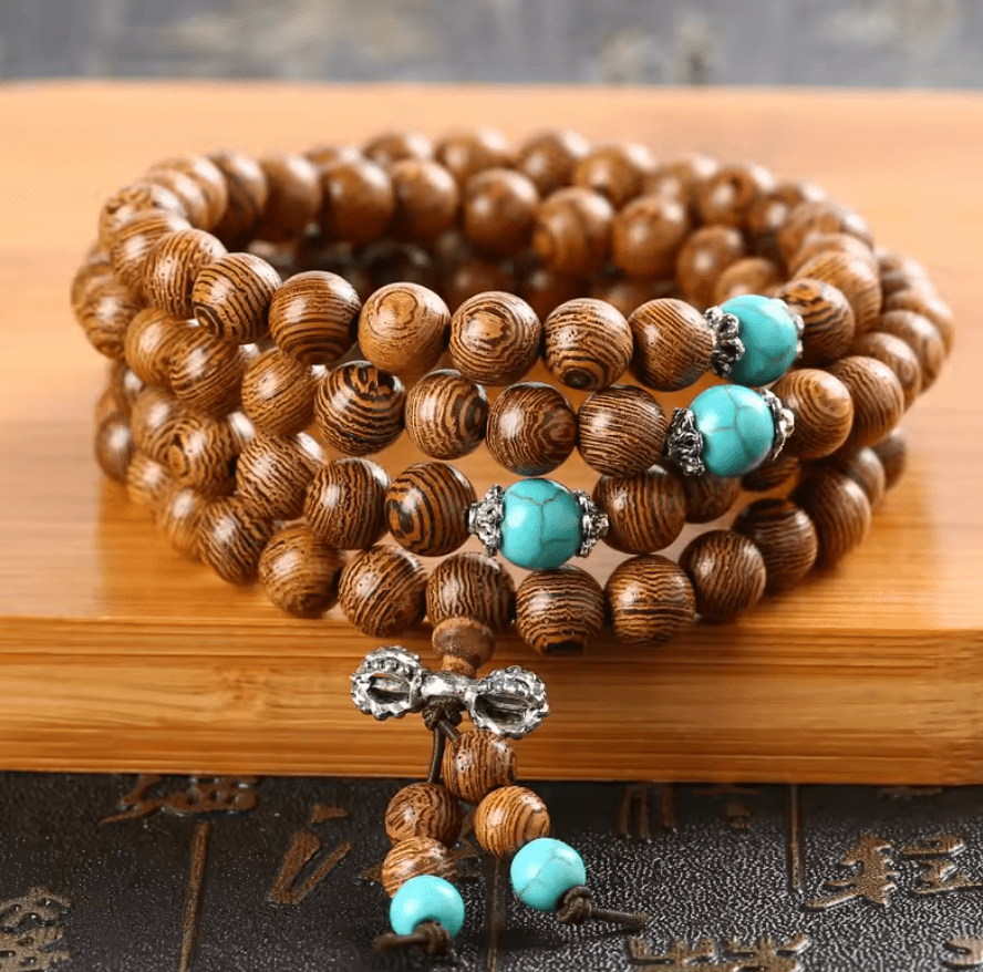 Artisan d'Asie Colliers Malas M (65 cm) Collier mala en bois de santal et turquoise