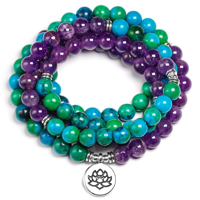 Artisan d'Asie Pendentifs & Amulettes Lotus Collier mala en Améthyste et Chrysocolle