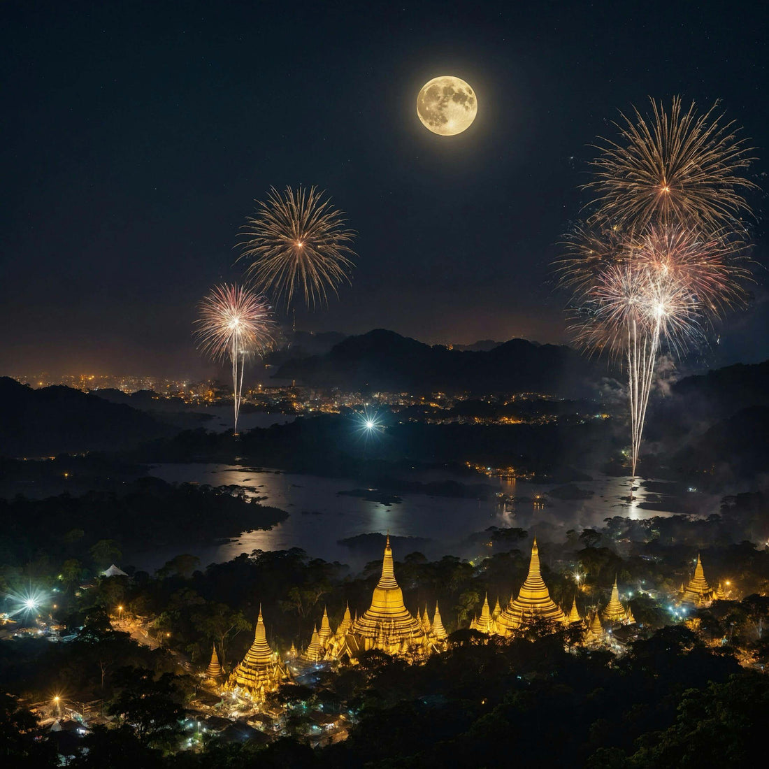 Super Lune se levant sur des temples dorés avec des feux d’artifice, une ville et une rivière au milieu, des montagnes en arrière-plan au crépuscule.