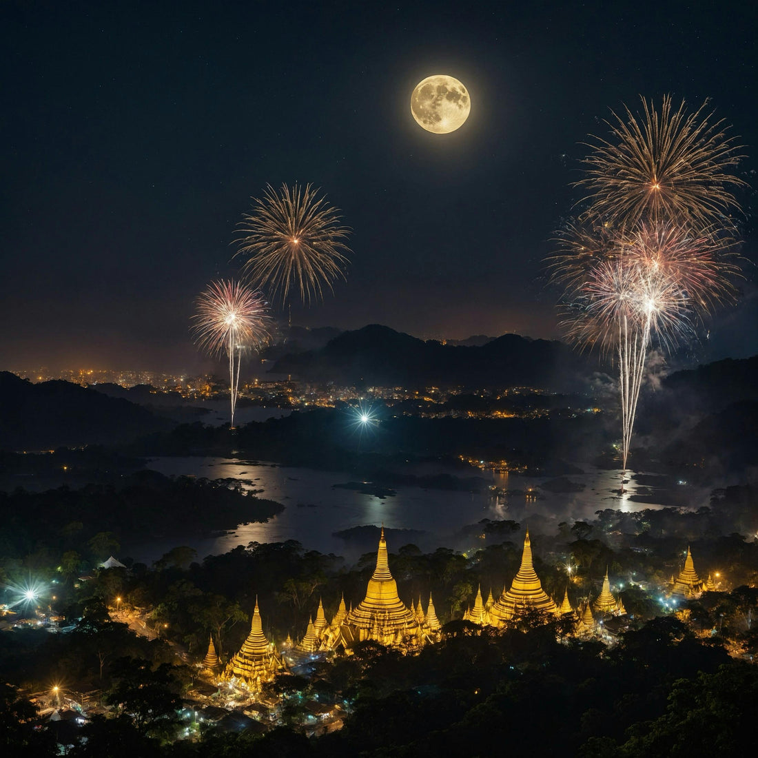 Super Lune se levant sur des temples dorés avec des feux d’artifice, une ville et une rivière au milieu, des montagnes en arrière-plan au crépuscule.