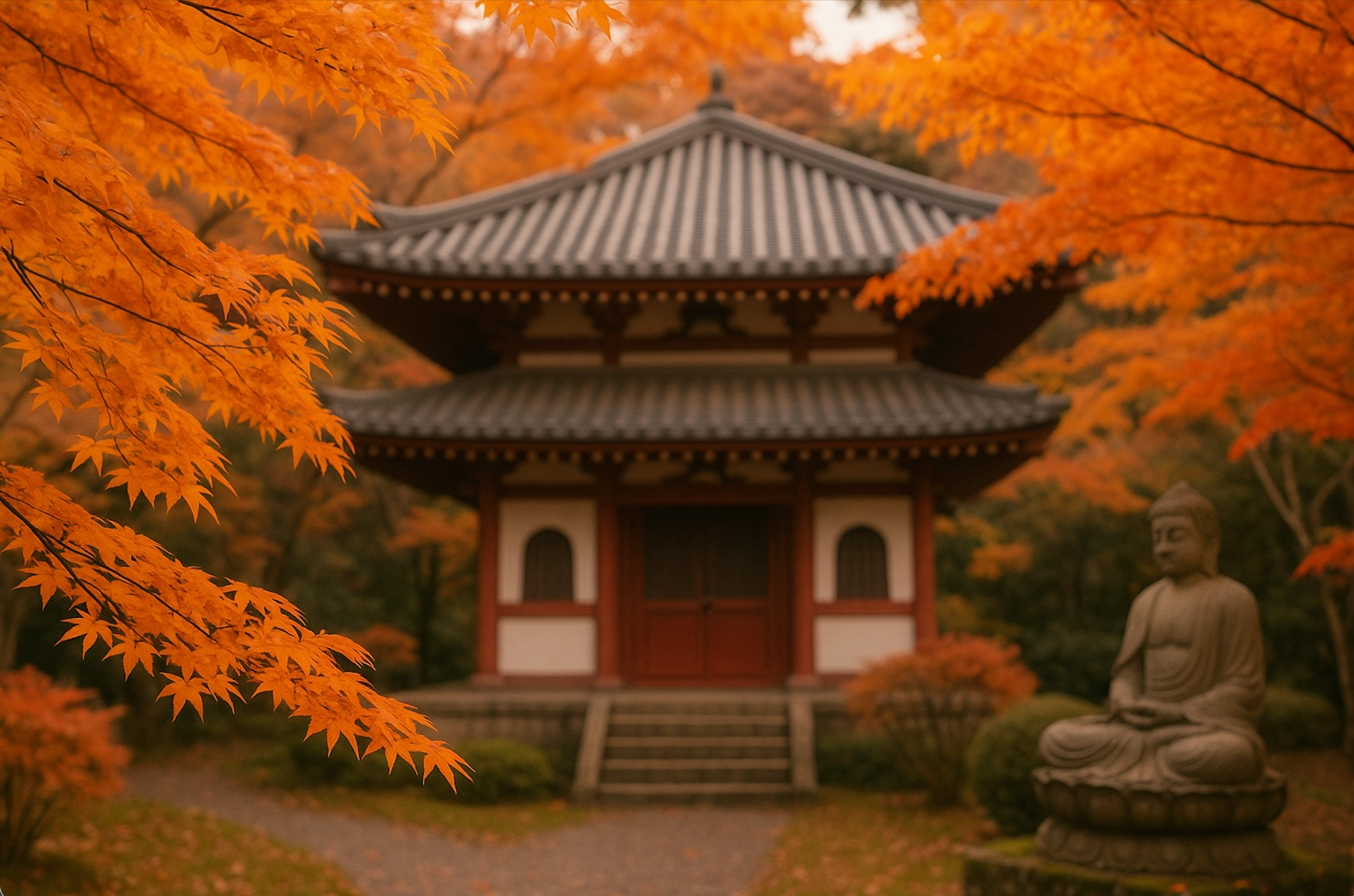Peaceful autumn scene with vibrant orange maple leaves framing a traditional Japanese Buddhist temple and a serene stone Buddha statue, creating a calm Zen atmosphere.