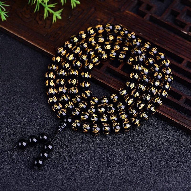 Artisan d'Asie 0 6MM Natural Obsidian Six Words Bronzing 108 Beads Bracelet Fashion Jewelry With Many Layers Stretch Bracelets&amp;Bangle For Men Women
