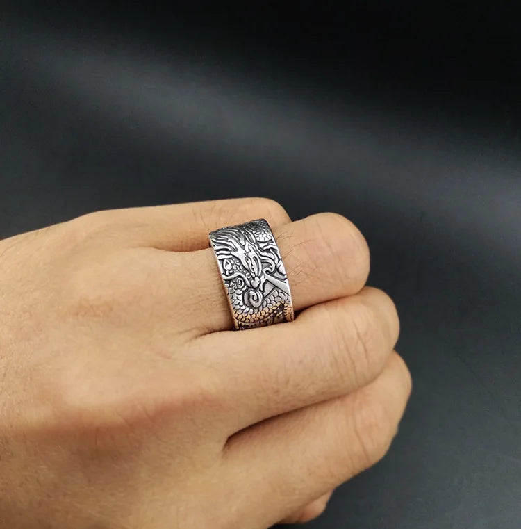Artisan d'Asie Bagues Taille réglable Bague Gravée Dragon ajustable en argent pur 999 – Bijou artisanal porte-bonheur