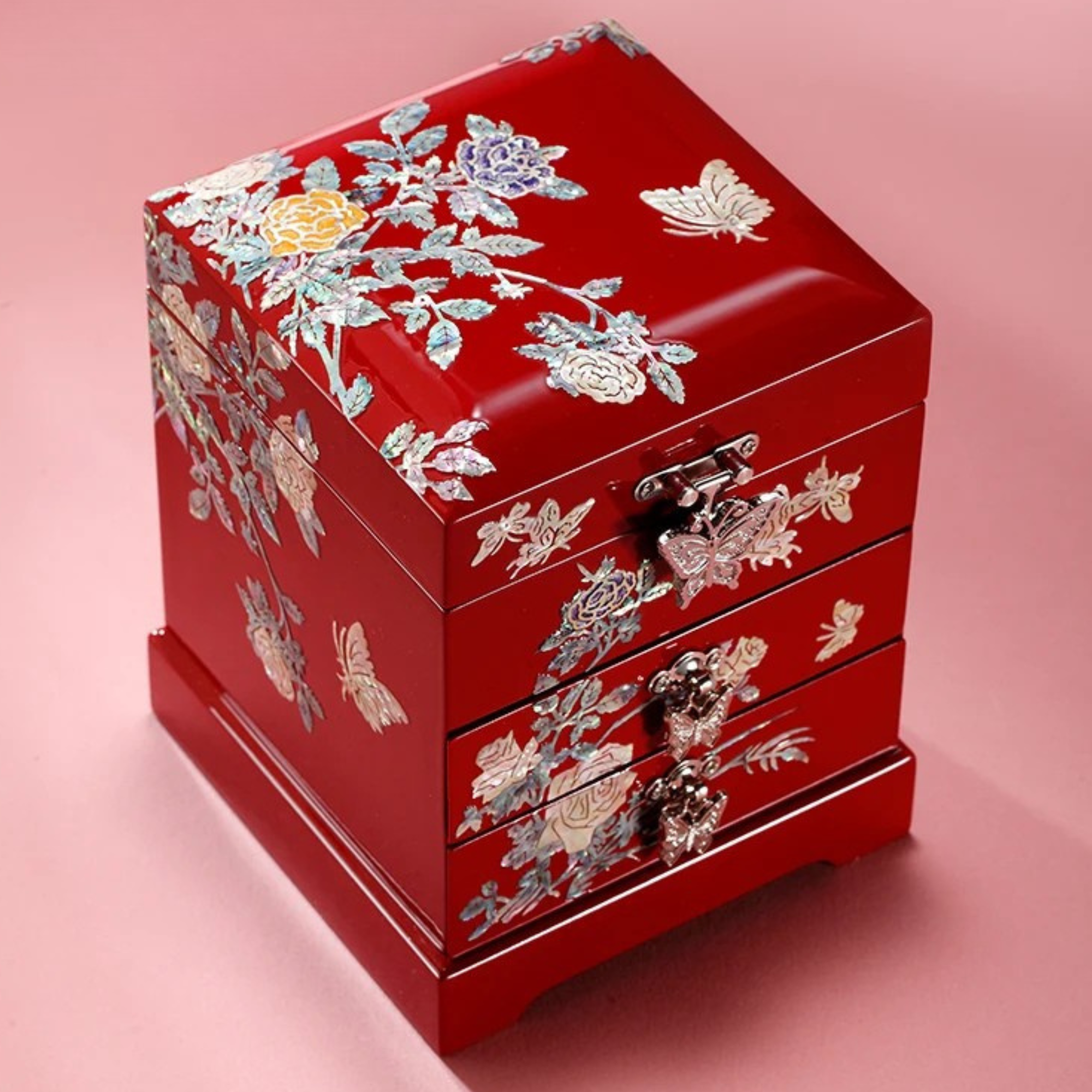 Artisan d'Asie Boites & Coffrets Chinois Rouge Boîte à bijoux chinoise fleurie en nacre et bois laqué