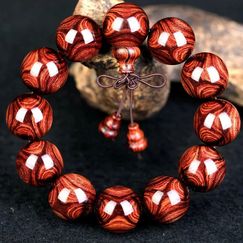 Artisan d'Asie Bracelets Malas 15mm Bracelet Mala en Bois de Rose haut de gamme de couleur brun rouge profond