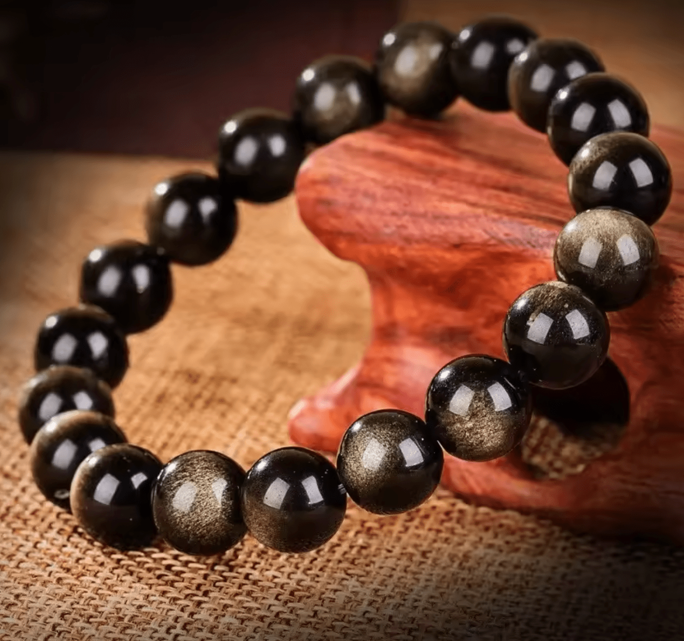 Artisan d'Asie Bracelets Malas Bracelet mala en pierre d'obsidienne dorée