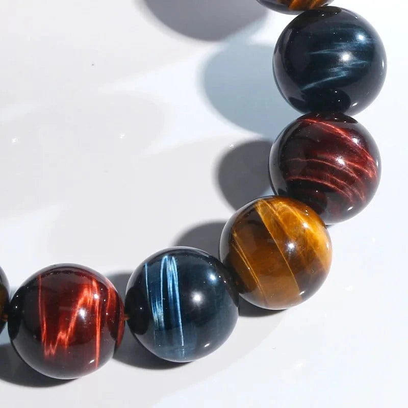 Artisan d'Asie Bracelets Malas Bracelet mala en pierre d'oeil de tigre rouge, jaune et bleu