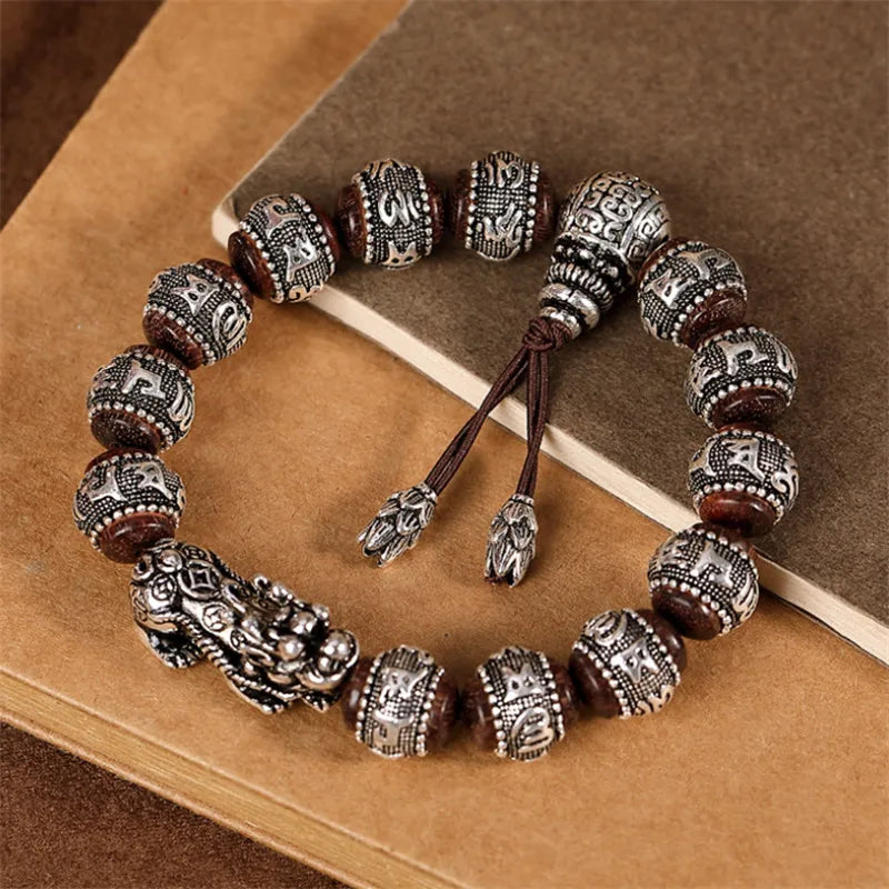 Artisan d'Asie Bracelets Malas Bracelet Mala Pixiu en Bois de Santal et Argent Pur 990