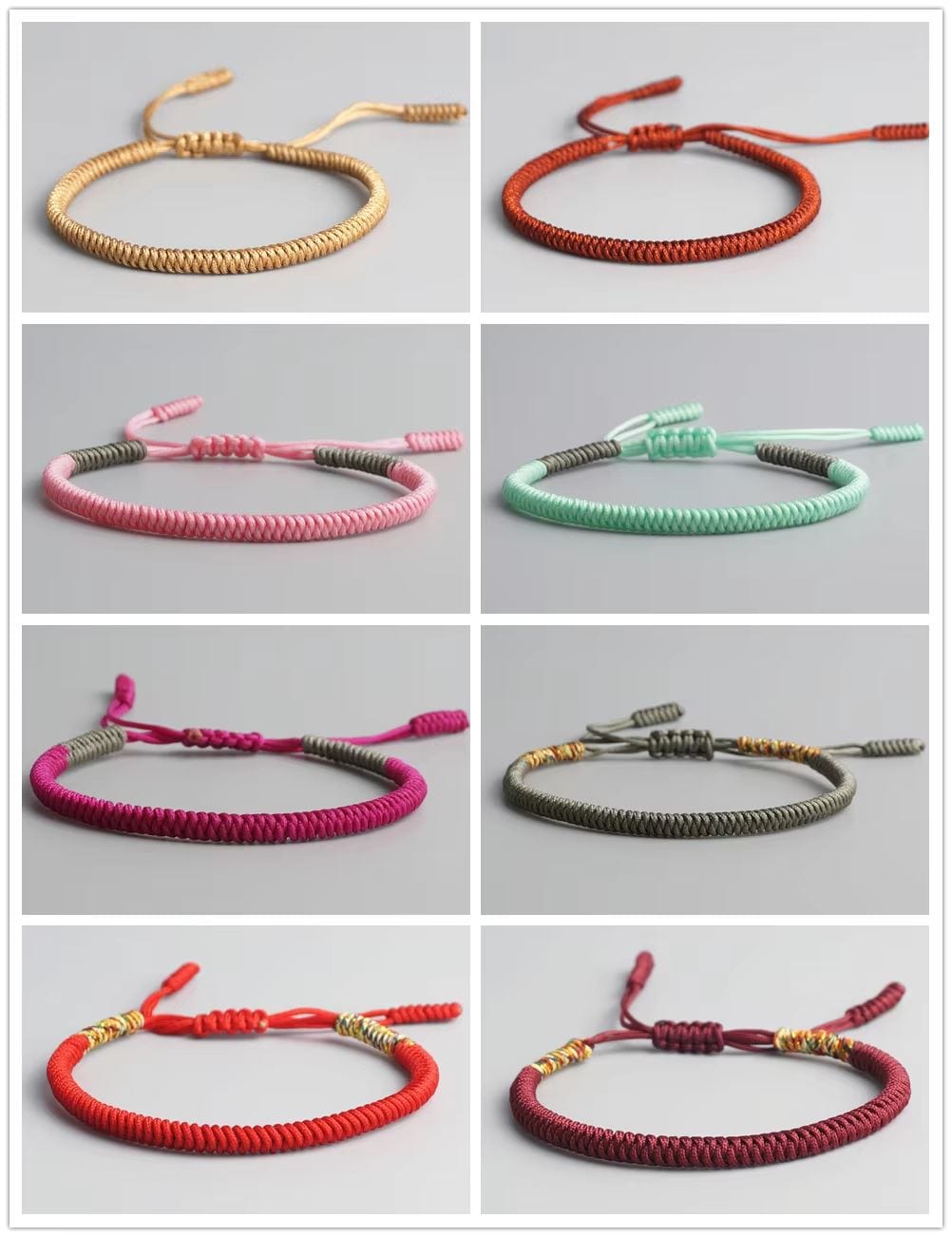 Artisan d'Asie Bracelets Tressés Tibétains Bracelet Tressé Bouddhiste Tibétain - Nœud Coulissant Porte Bonheur (Rose / Vert / Gris / Violet)