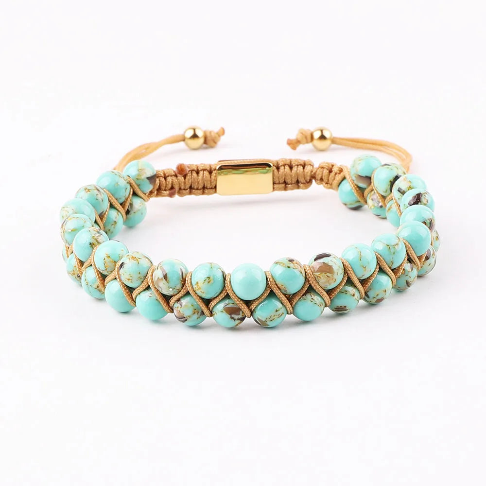 Artisan d'Asie Bracelets Tressés Tibétains Turquoise / 6mm Bracelet tressé tibétain en pierres naturelles