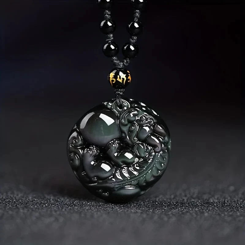 Artisan d'Asie Chakras & Reiki Pendentif Feng Shui Pixiu en Obsidienne Noire