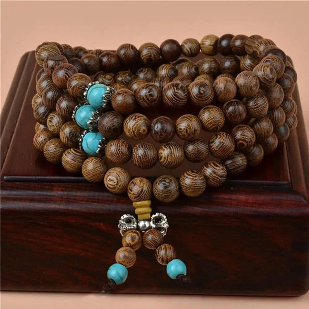 Artisan d'Asie Colliers Malas Collier mala en bois de santal et turquoise