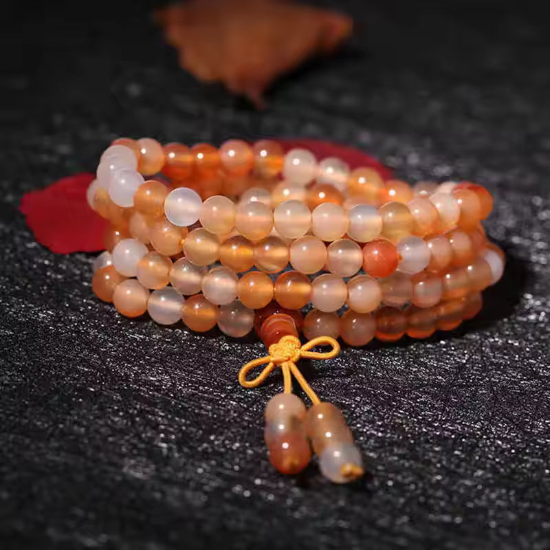 Artisan d'Asie Colliers Malas Collier mala en pierre d'agate orange et blanche