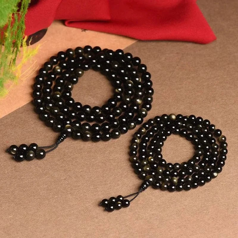 Artisan d'Asie Colliers Malas Collier mala en pierre d'obsidienne dorée