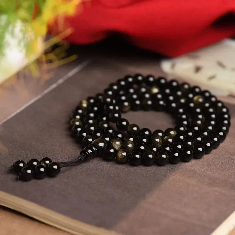 Artisan d'Asie Colliers Malas Collier mala en pierre d'obsidienne dorée