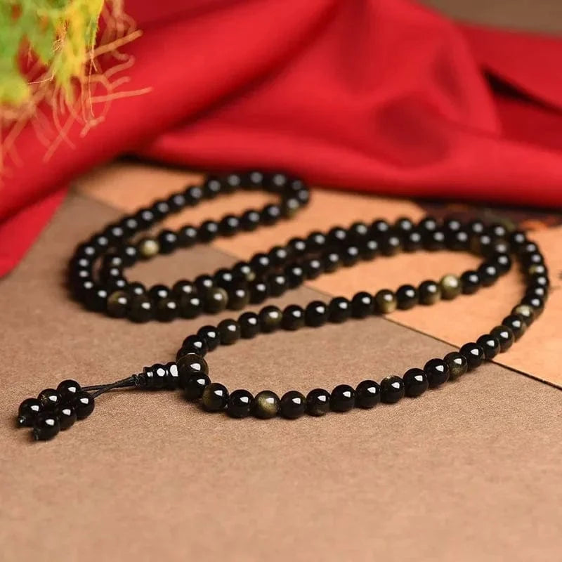 Artisan d'Asie Colliers Malas Collier mala en pierre d'obsidienne dorée