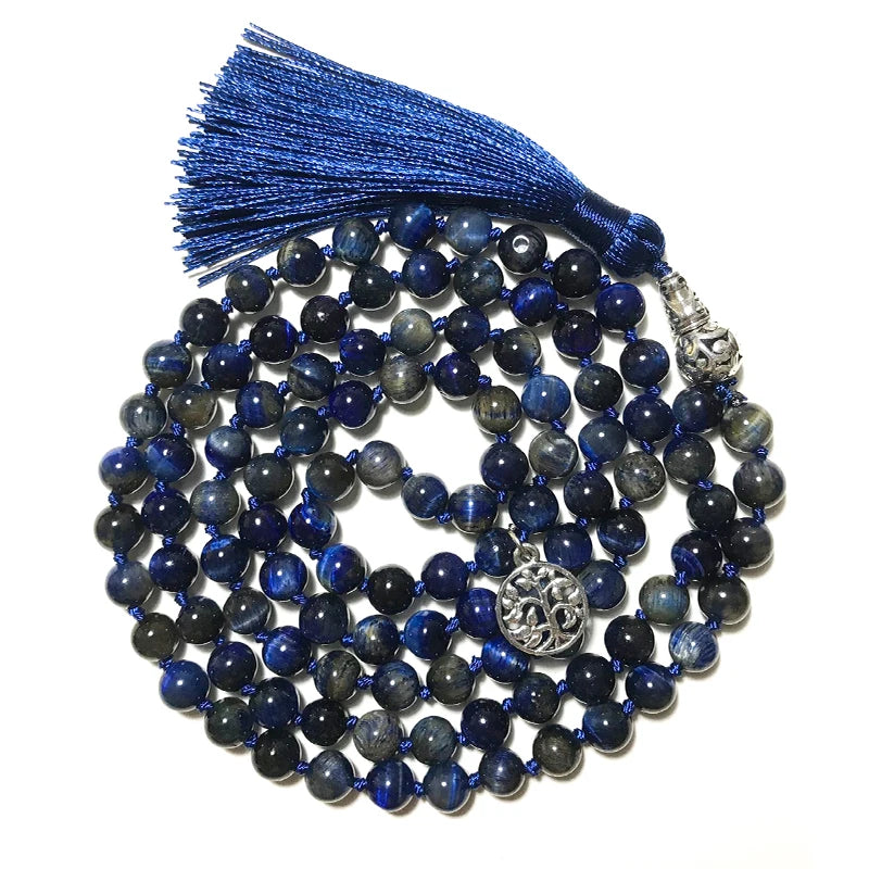 Artisan d'Asie Colliers Malas Collier mala en pierre d'oeil de tigre bleu