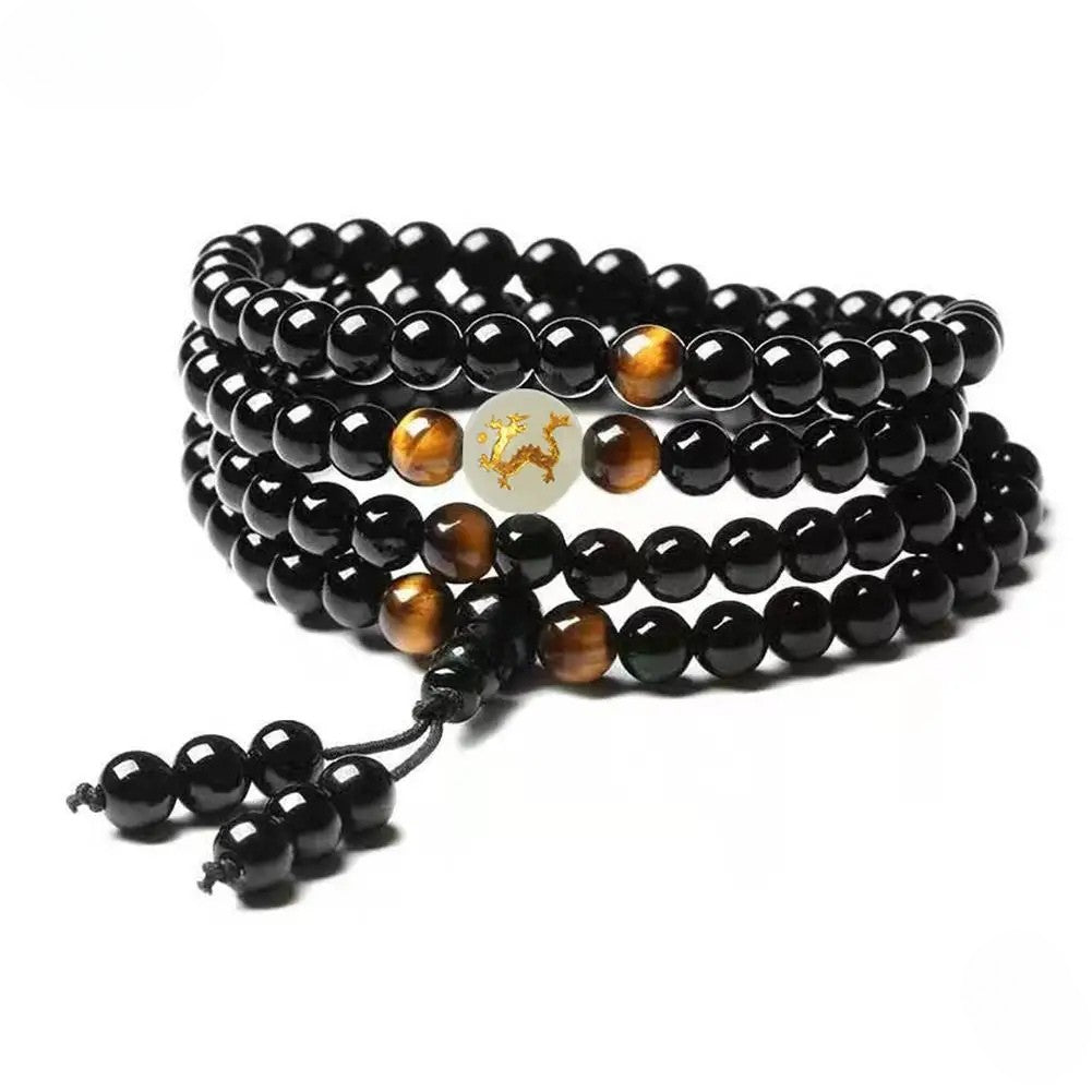 Artisan d'Asie Colliers Malas Dragon Collier mala en pierre d'obsidienne et signe astrologique chinois