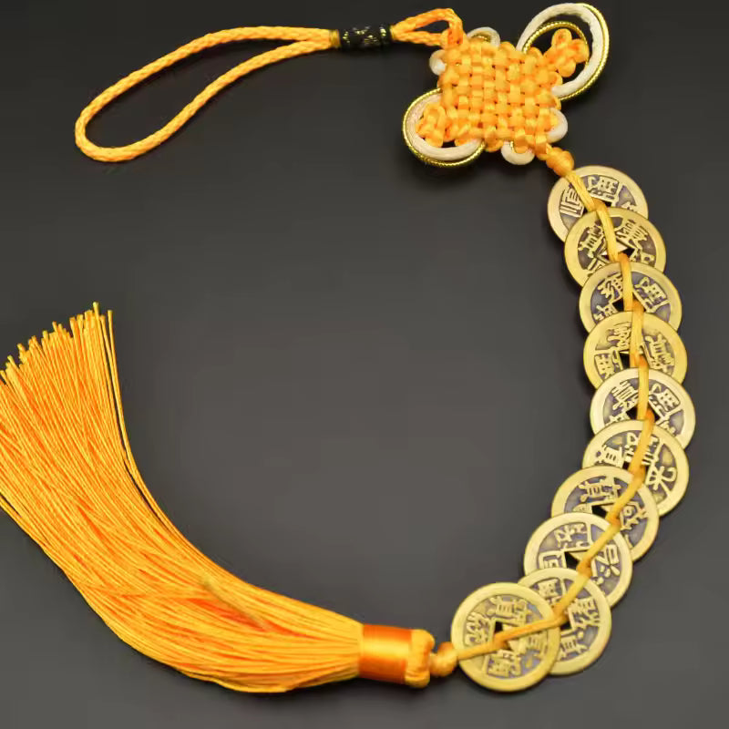 Artisan d'Asie Feng Shui 10 pièces de monnaie Pendentif Feng Shui traditionnel béni - Jaune