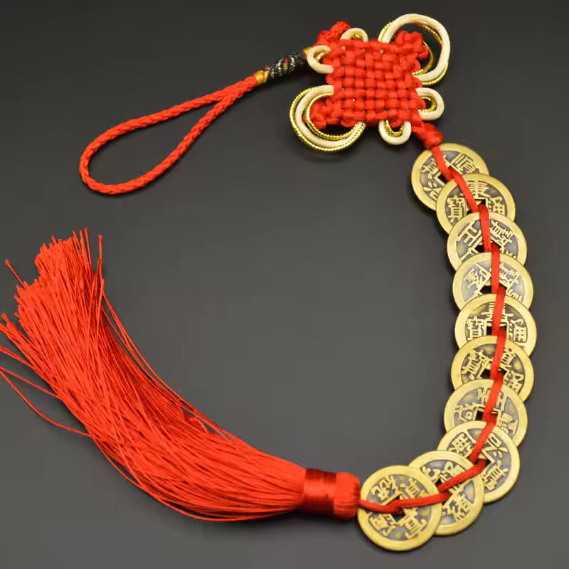 Artisan d'Asie Feng Shui 10 pièces de monnaie Pendentif Feng Shui traditionnel béni - Rouge