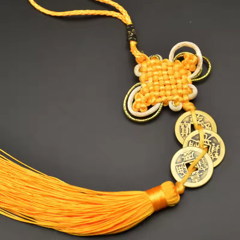 Artisan d'Asie Feng Shui 3 pièces de monnaie Pendentif Feng Shui traditionnel béni - Jaune