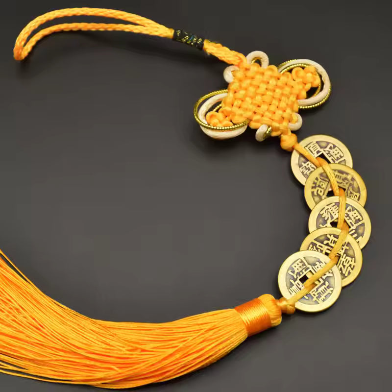 Artisan d'Asie Feng Shui 5 pièces de monnaie Pendentif Feng Shui traditionnel béni - Jaune