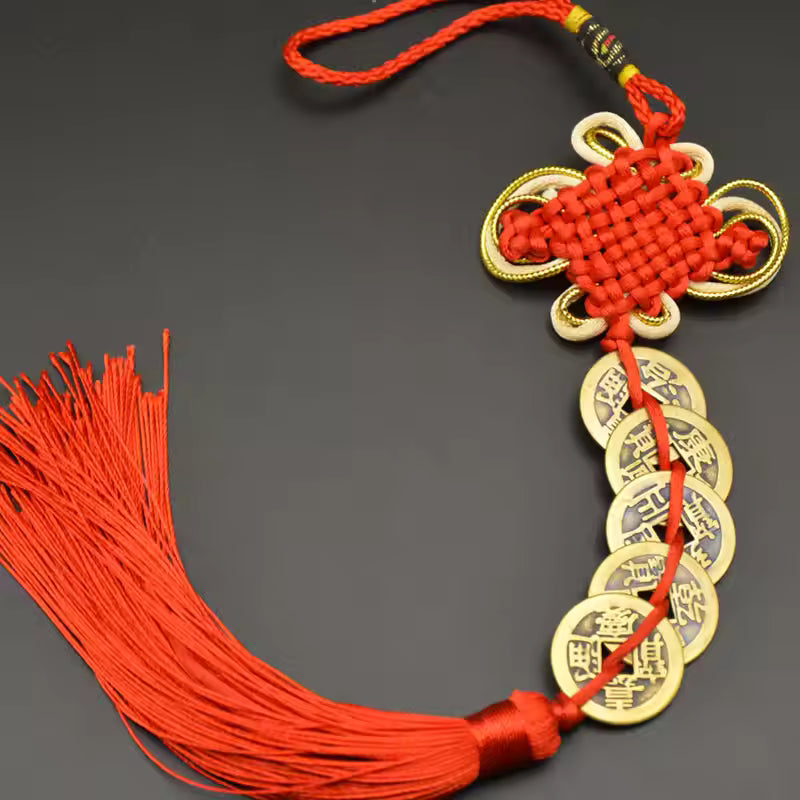 Artisan d'Asie Feng Shui 5 pièces de monnaie Pendentif Feng Shui traditionnel béni - Rouge