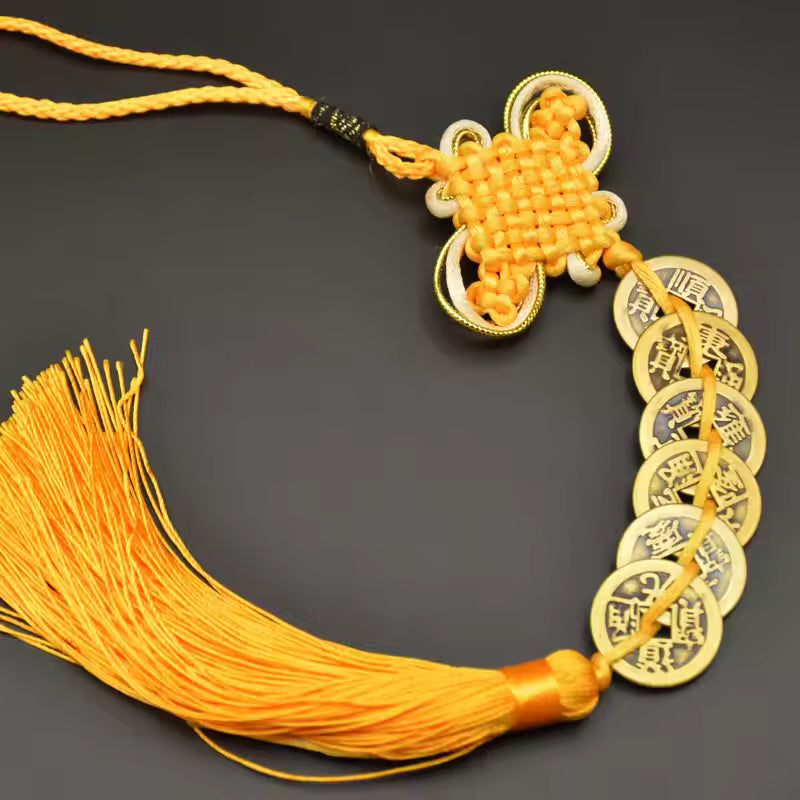 Artisan d'Asie Feng Shui 6 pièces de monnaie Pendentif Feng Shui traditionnel béni - Jaune