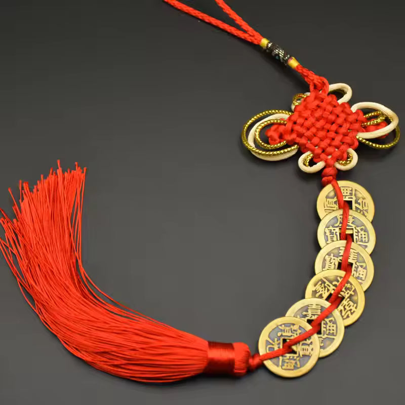 Artisan d'Asie Feng Shui 6 pièces de monnaie Pendentif Feng Shui traditionnel béni - Rouge
