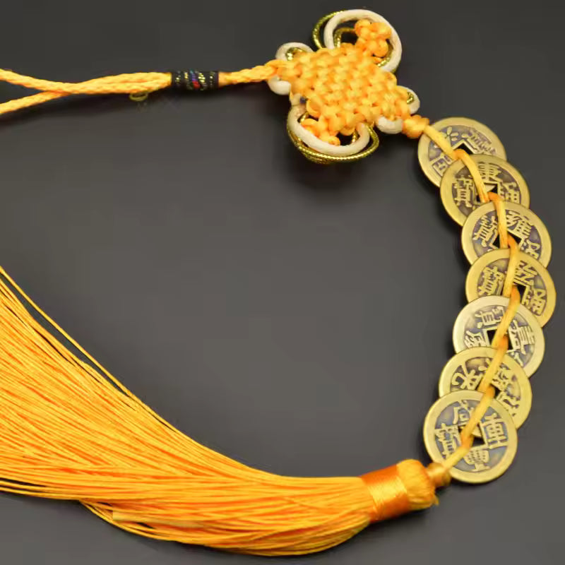 Artisan d'Asie Feng Shui 7 pièces de monnaie Pendentif Feng Shui traditionnel béni - Jaune