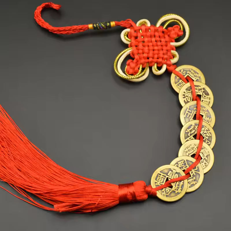Artisan d'Asie Feng Shui 7 pièces de monnaie Pendentif Feng Shui traditionnel béni - Rouge