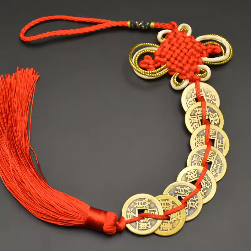 Artisan d'Asie Feng Shui 8 pièces de monnaie Pendentif Feng Shui traditionnel béni - Rouge