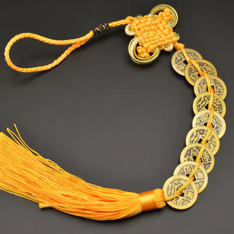 Artisan d'Asie Feng Shui 9 pièces de monnaie Pendentif Feng Shui traditionnel béni - Jaune