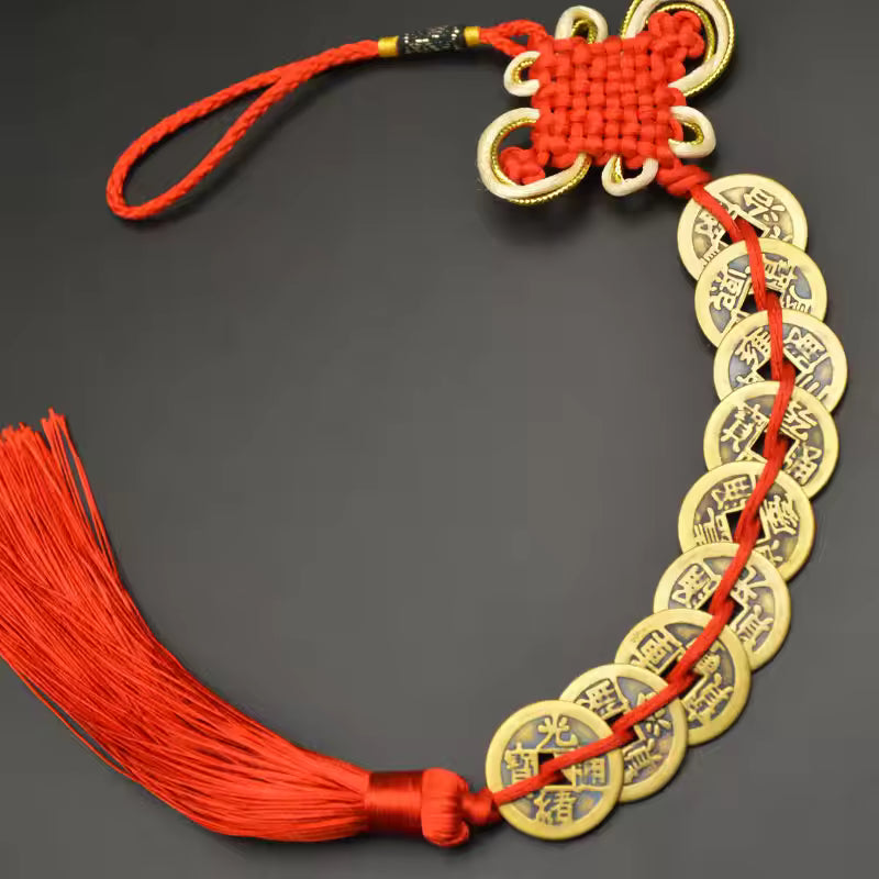 Artisan d'Asie Feng Shui 9 pièces de monnaie Pendentif Feng Shui traditionnel béni - Rouge