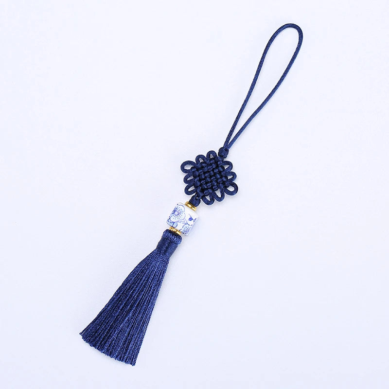 Artisan d'Asie Feng Shui Bleu Nœud sans fin en porcelaine Feng Shui chinoise