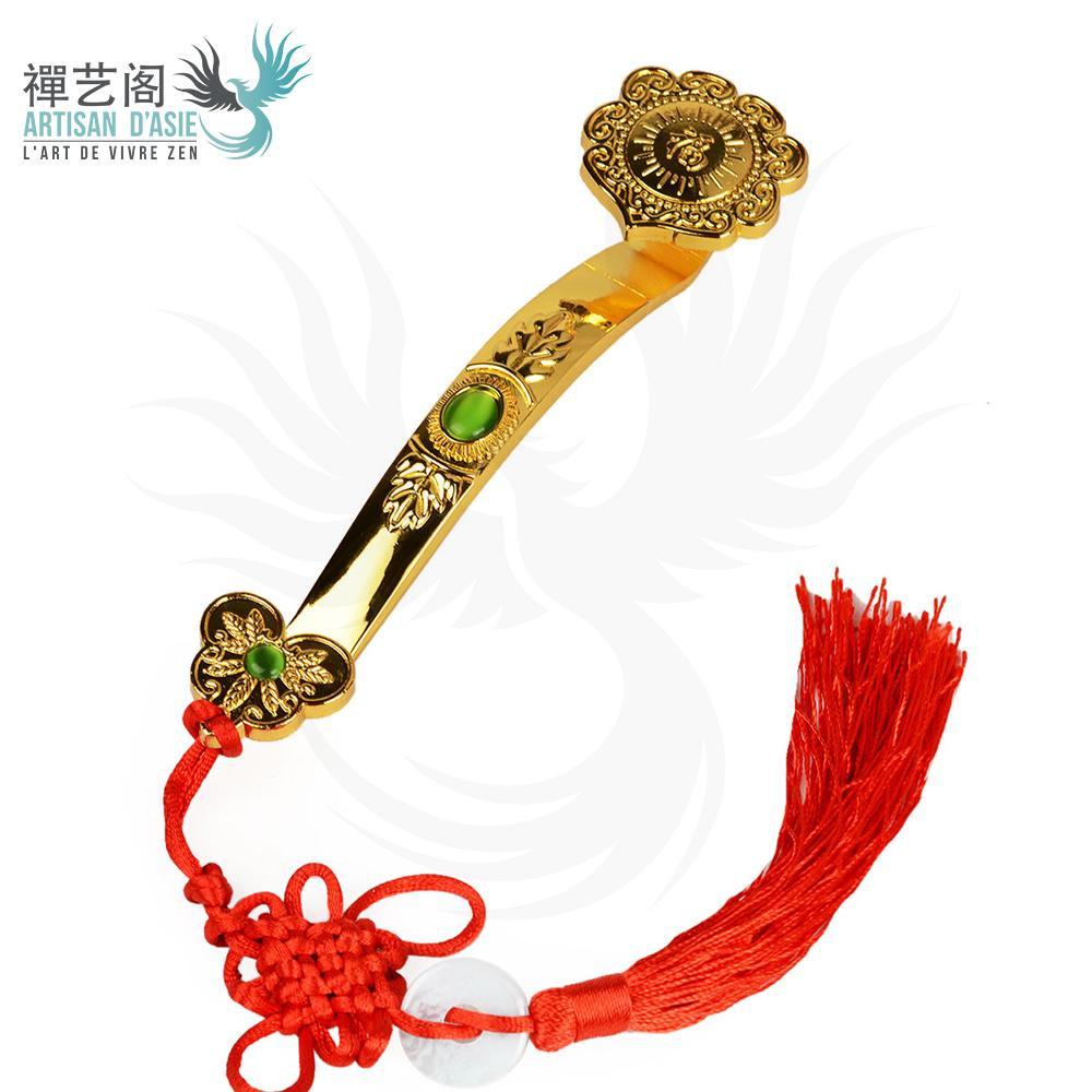 Artisan d'Asie Ruyi Ruyi doré avec pierres d'agate verte