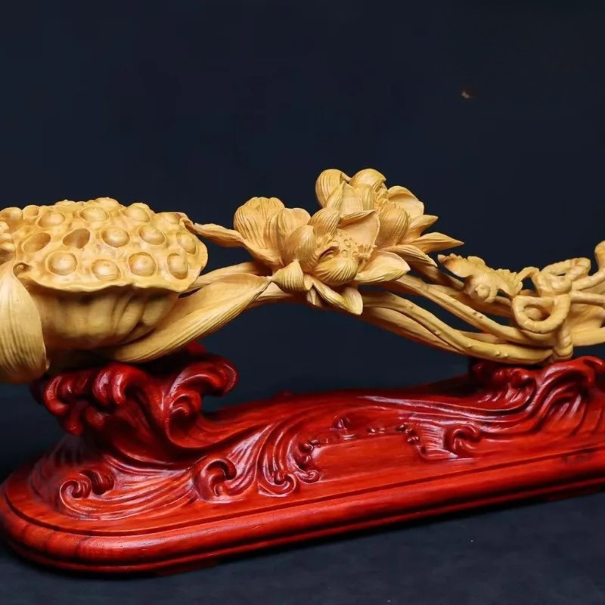 Artisan d'Asie Ruyi Ruyi lotus de bonne fortune sculpté en bois de buis