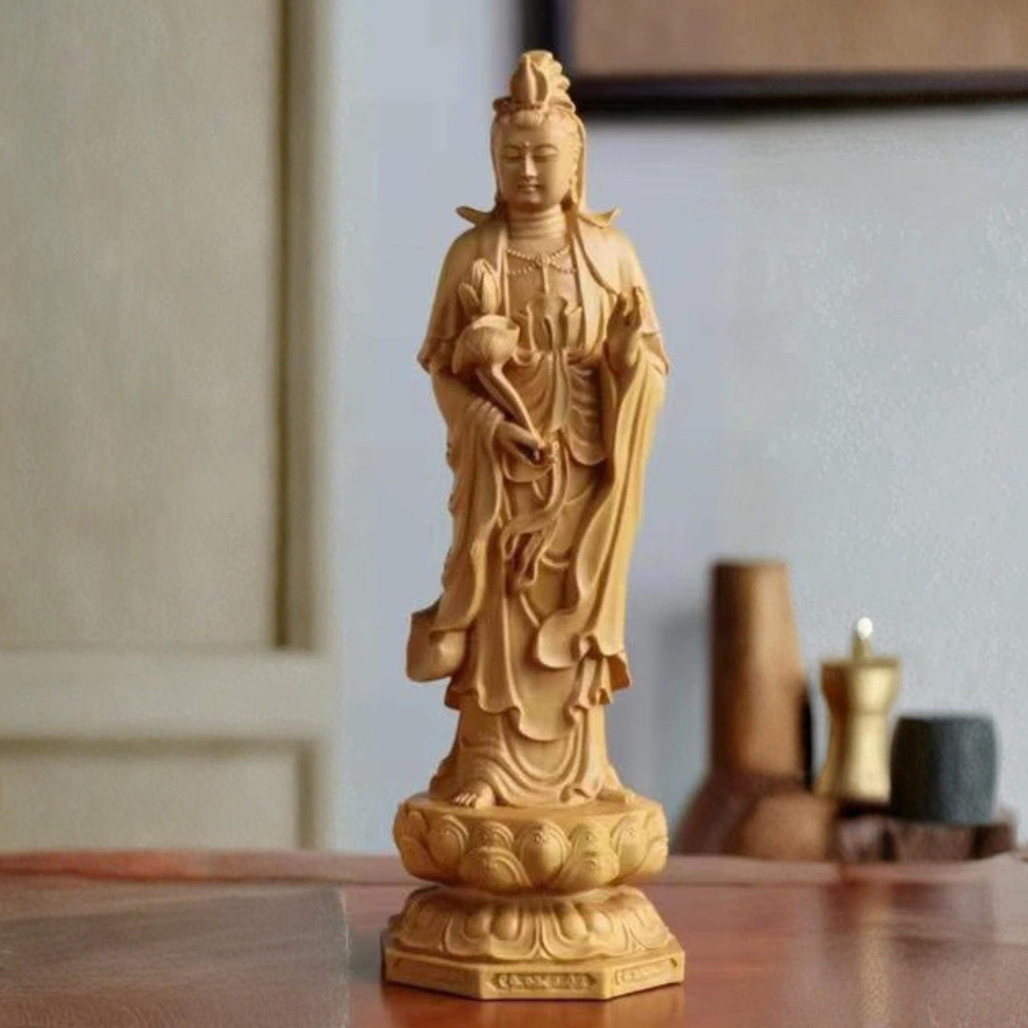 Artisan d'Asie Statues Bouddha Bodhisattva Mahasthamaprapta Statues des Trois Saints de l'Ouest en bois de buis