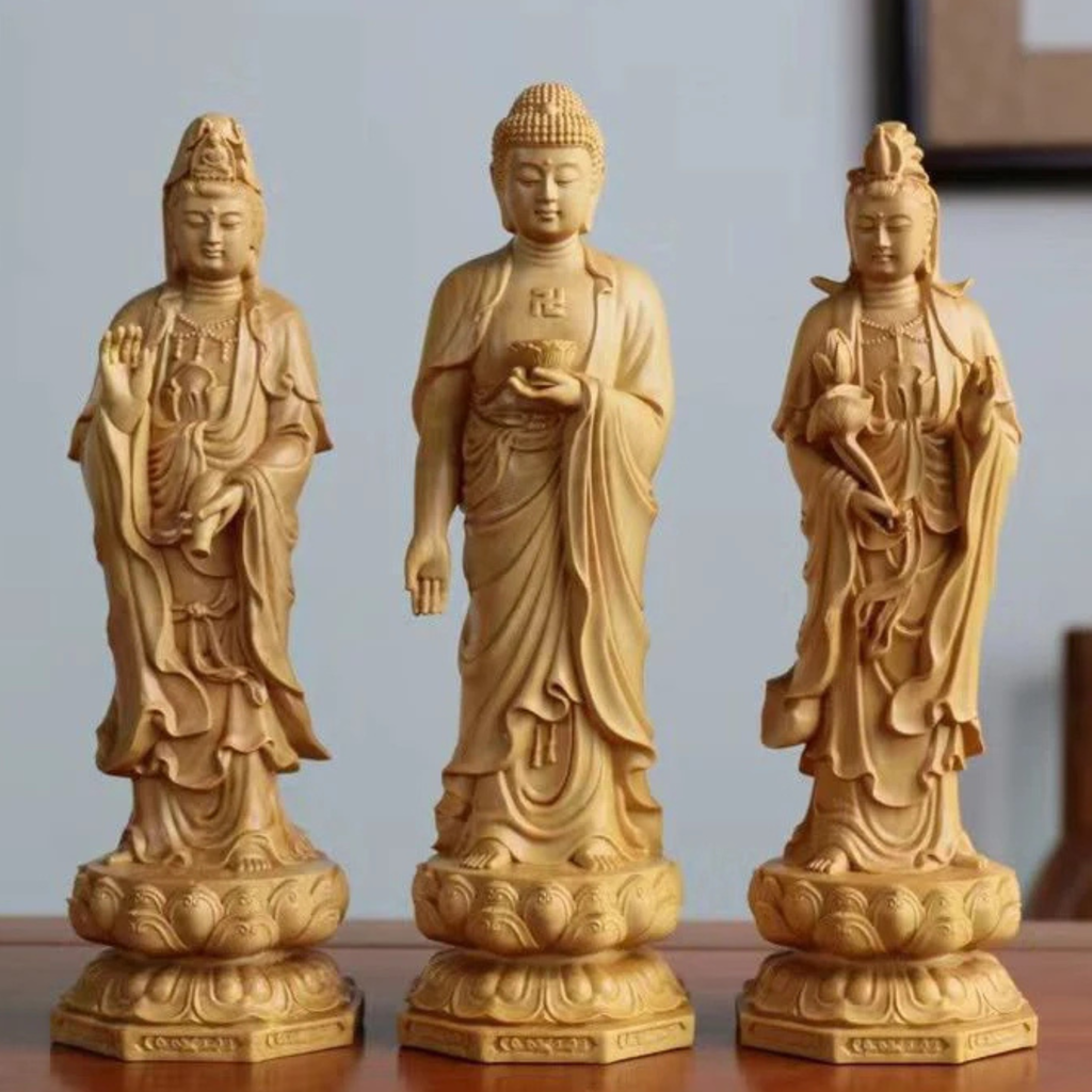 Artisan d'Asie Statues Bouddha Set de 3 Pièces Statues des Trois Saints de l'Ouest en bois de buis