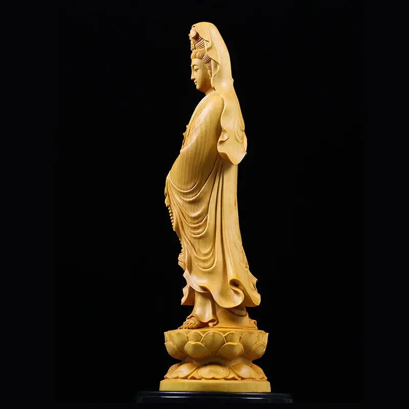 Artisan d'Asie Statues Bouddha Statue Bodhisattva Guanyin debout en bois de buis
