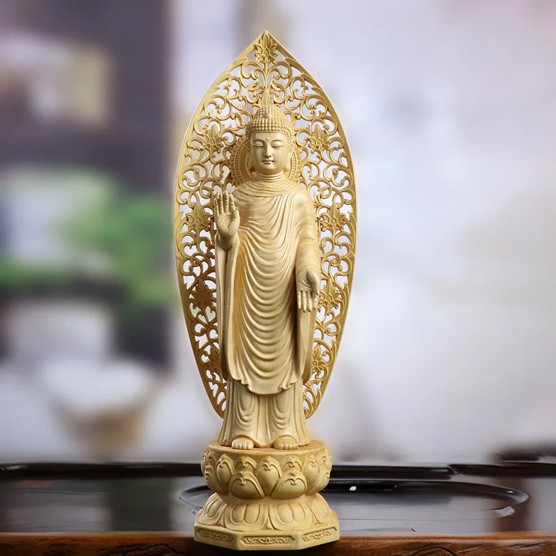 Artisan d'Asie Statues Bouddha Statue Bouddha Amitabha debout en bois de buis