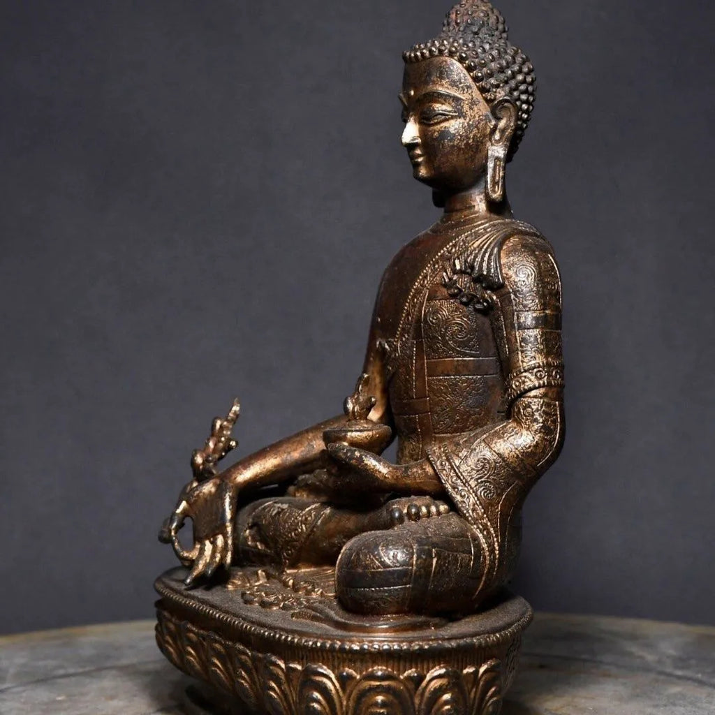 Artisan d'Asie Statues Bouddha Statue Bouddha de la médecine Bhaisajyaguru en cuivre