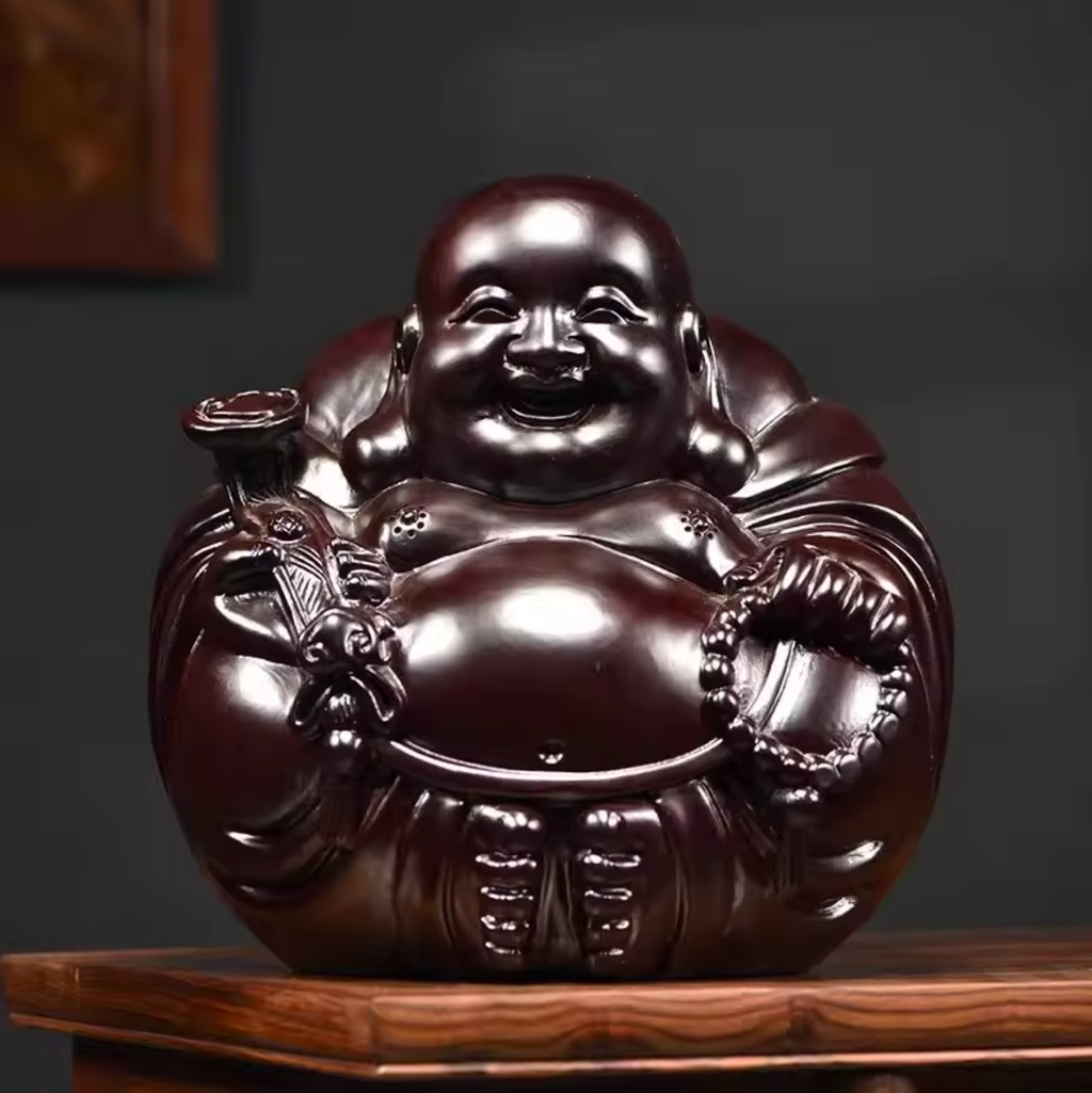 Artisan d'Asie Statues Bouddha Statue Bouddha rieur Maitreya en bois de santal noir