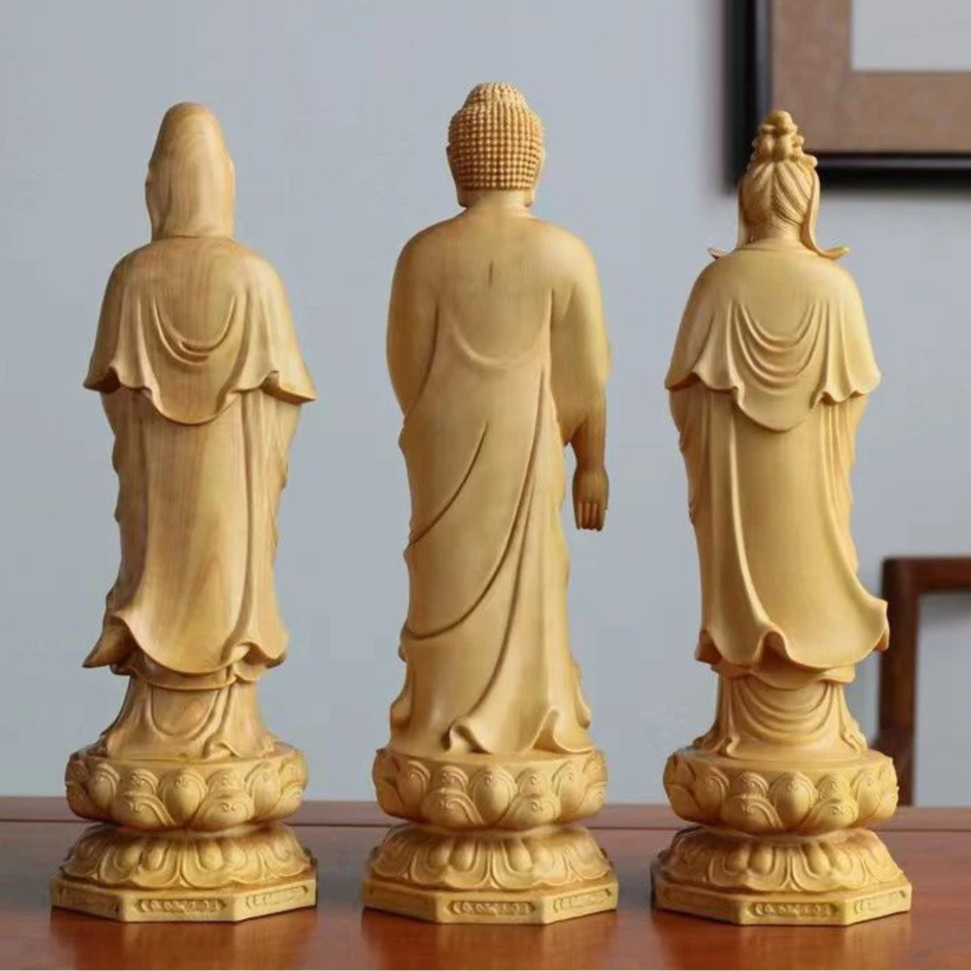 Artisan d'Asie Statues Bouddha Statues des Trois Saints de l'Ouest en bois de buis