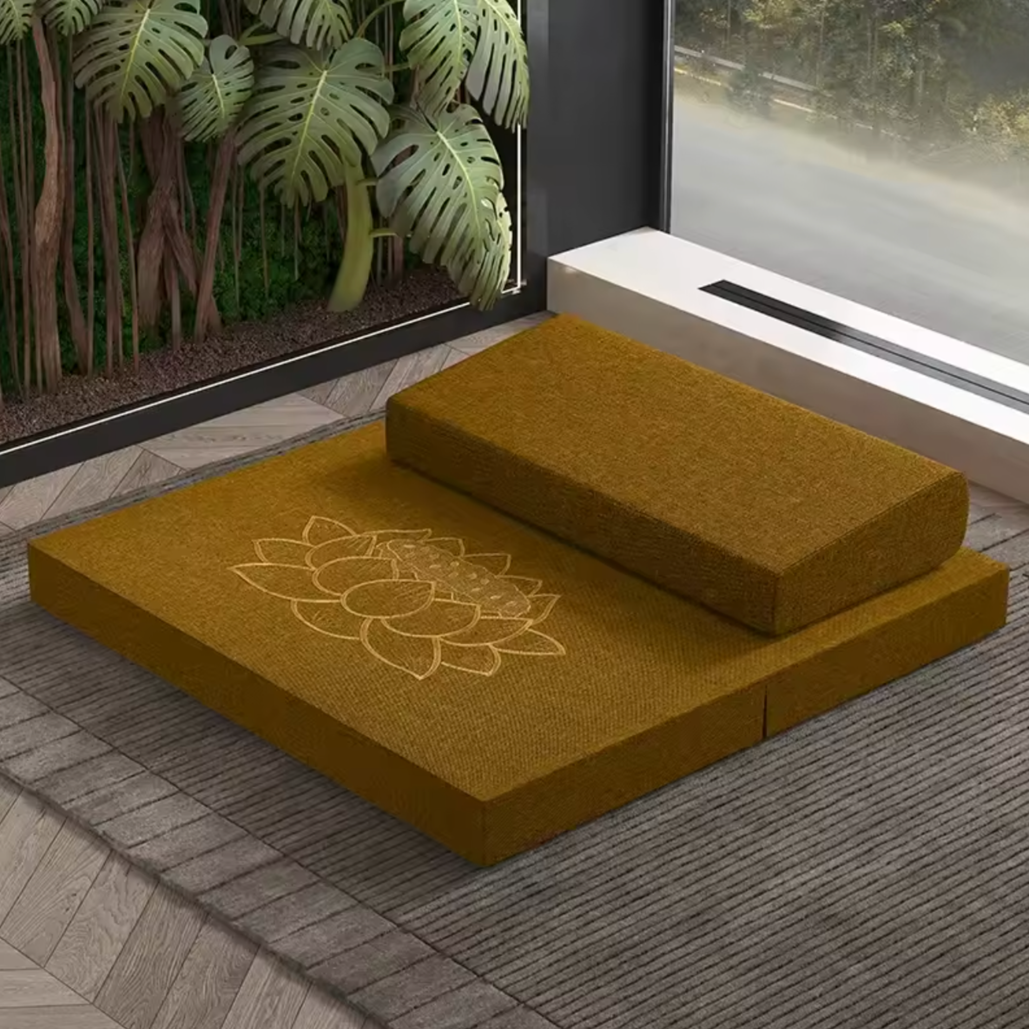 Artisan d'Asie Tapis de Yoga & Méditation Jaune-brun Coussin de méditation - Set Zafu + Zabuton Traditionnel