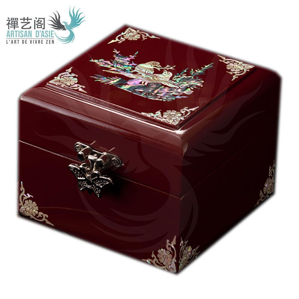 Chinese bird square jewelry box in mother-of-pearl and lacquered wood