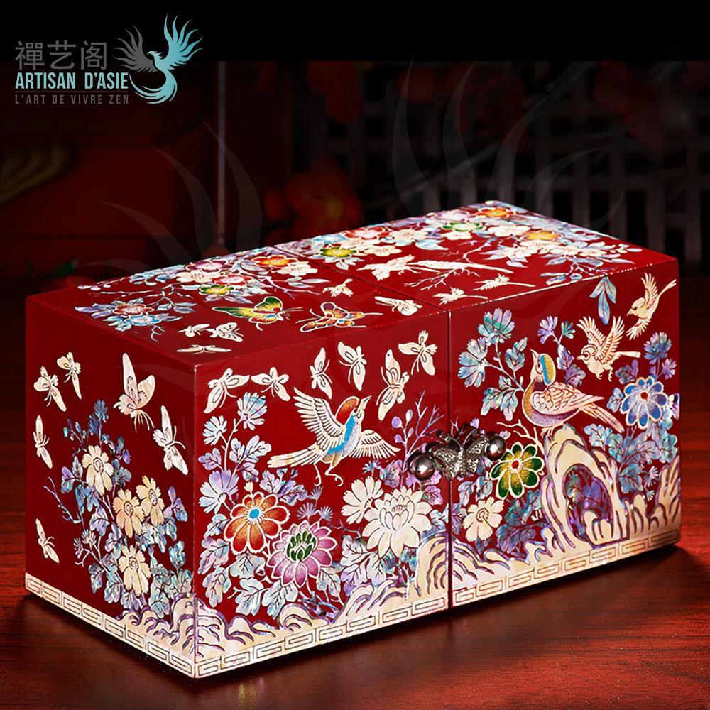 Boîte à bijoux chinoise en nacre et bois laqué Boites & Coffrets Chinois Artisan d'Asie Oiseaux 