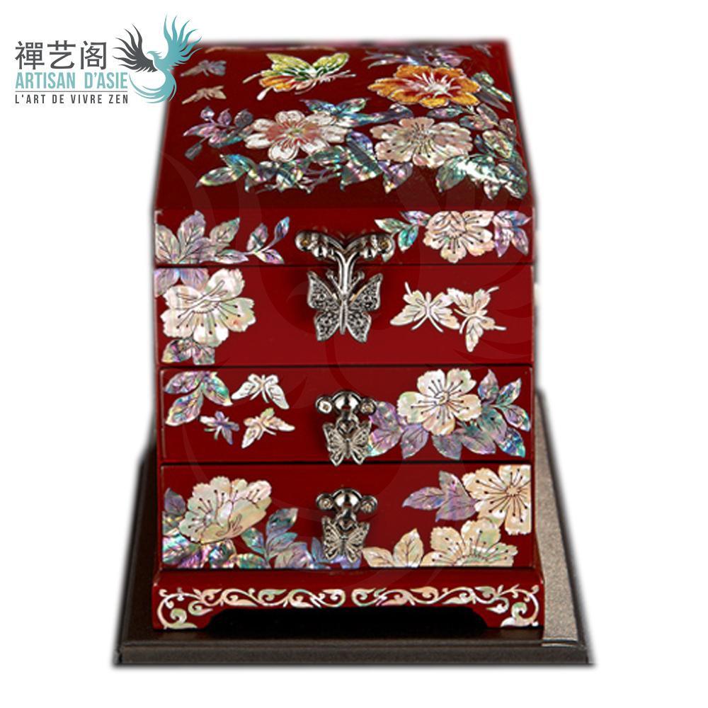 Boîte à bijoux chinoise fleurie en nacre et bois laqué Boites & Coffrets Chinois Artisan d'Asie Rouge 
