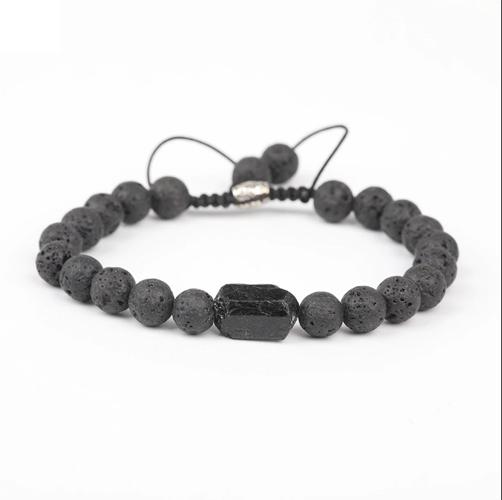 Adjustable black tourmaline and lava stone mala bracelet